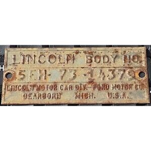 1946 Lincoln 4 Dr Body Data Plate VIN Stamped Metal Tag Ford Motor Dearborn USA